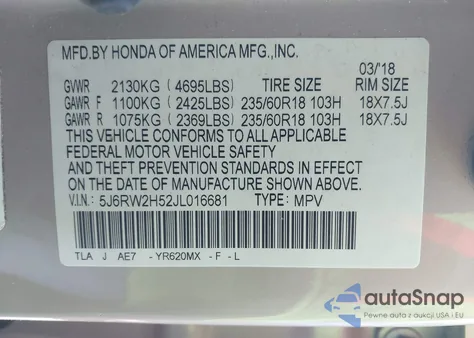 2018 Honda Cr-V Ex z USA, uszkodzony, nr VIN 5J6RW2H52JL016681